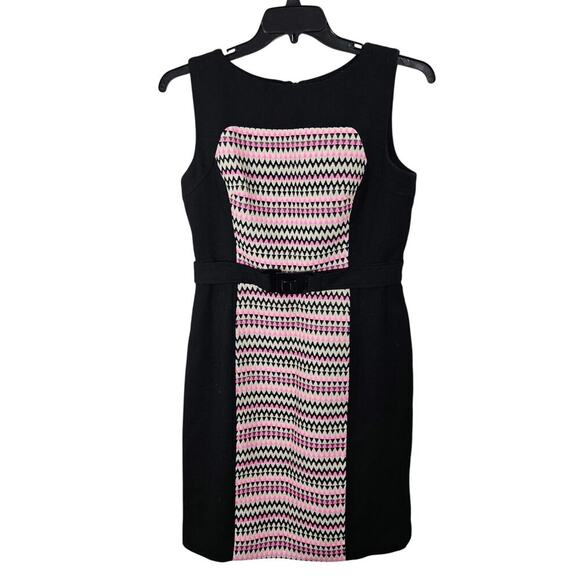 Milly of NY Wool Tweed Sheath Belted Black and Pink Below Knee Dress. Size 12 - Picture 1 of 8